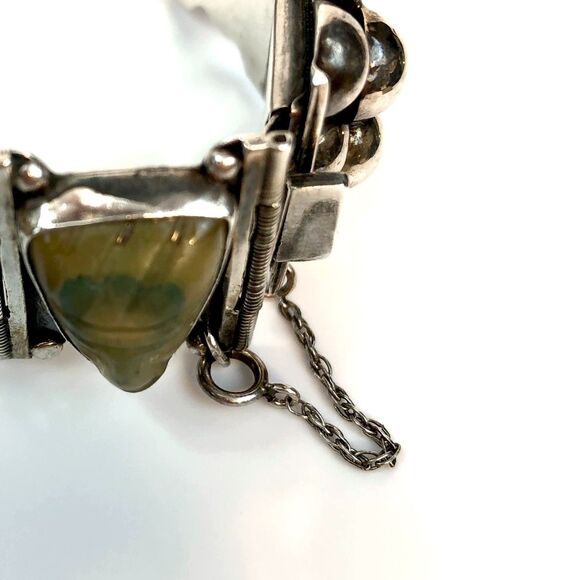 Art Deco Mexican Sterling Silver Modernist Bracelet Onyx Aztec Masks Pre-Eagle - Picture 7 of 16